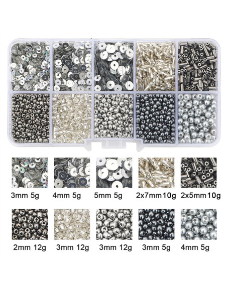 Coffret 80 grs perles de rocaille et sequins - Argent