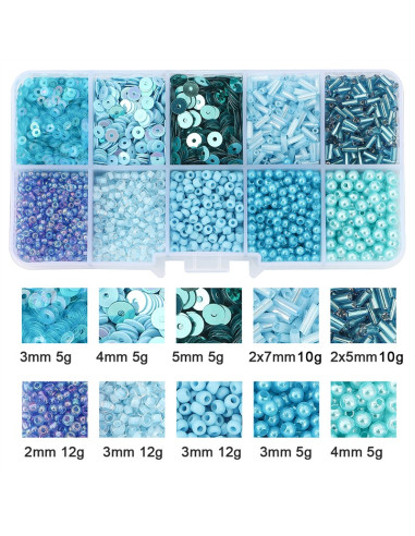 Coffret 80 grs perles de rocaille et sequins - Bleu