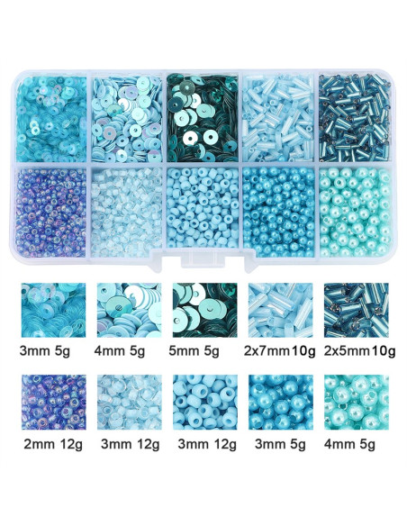 Coffret 80 grs perles de rocaille et sequins - Bleu
