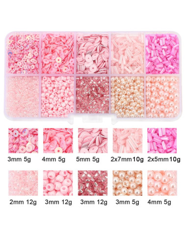 Coffret 80 grs perles de rocaille et sequins - Rose