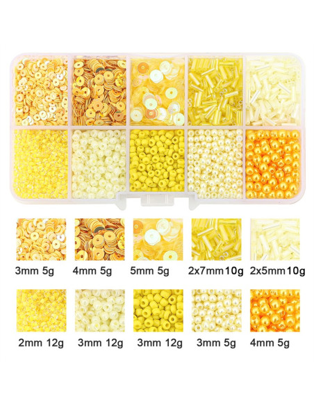 Coffret 80 grs perles de rocaille et sequins - Jaune