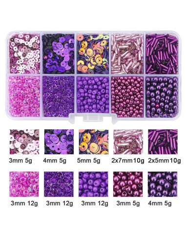 Coffret 80 grs perles de rocaille et sequins - Violet foncé