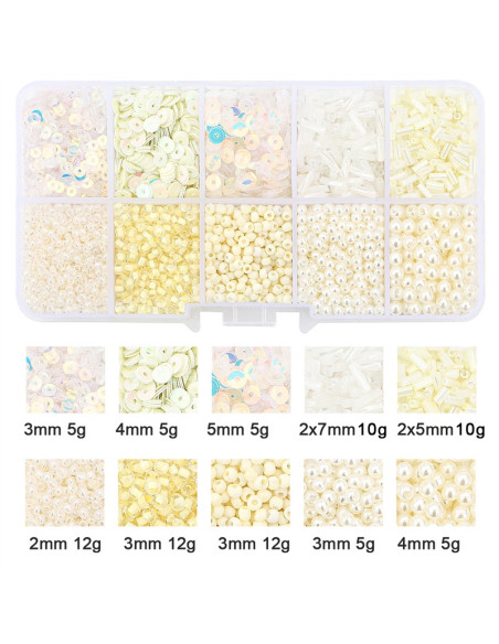 Coffret 80 grs perles de rocaille et sequins - Ivoire
