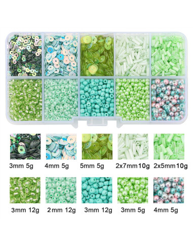 Coffret 80 grs perles de rocaille et sequins - Vert clair