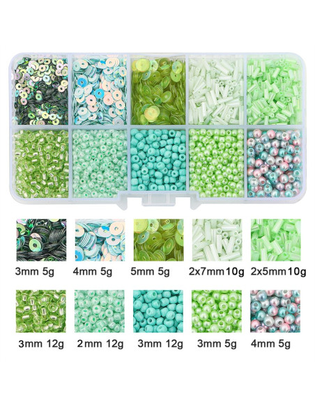Coffret 80 grs perles de rocaille et sequins - Vert clair