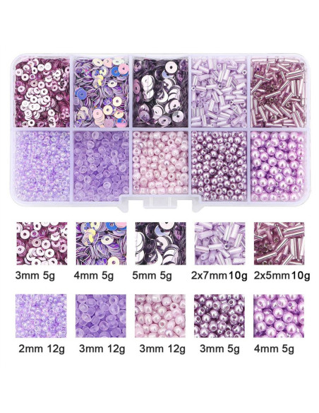Coffret 80 grs perles de rocaille et sequins - Violet clair