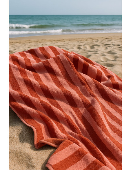 Tissu micro éponge de bambou rayée - Marsala et paprika