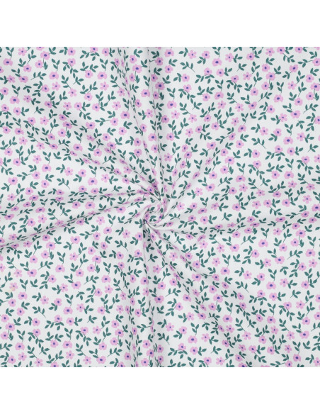 Tissu popeline de coton - Fleurs rose fond blanc