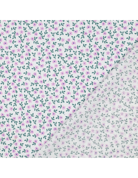 Tissu popeline de coton - Fleurs rose fond blanc