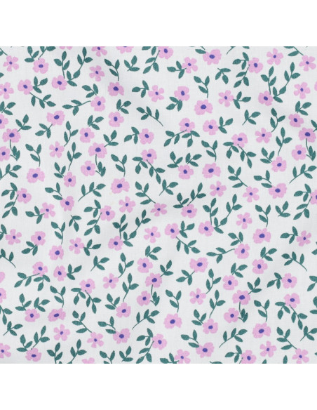 Tissu popeline de coton - Fleurs rose fond blanc