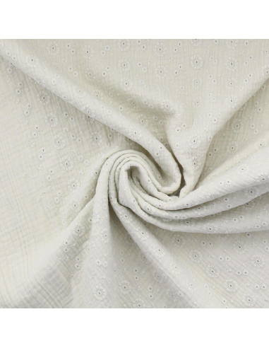 Tissu double gaze de coton brodée Suzy - Écru