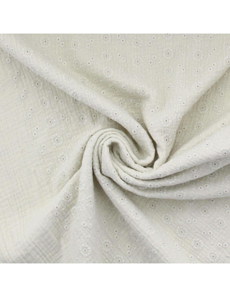 Tissu double gaze de coton brodée Suzy - Écru