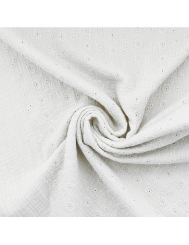 Tissu double gaze de coton brodée Suzy - Blanc