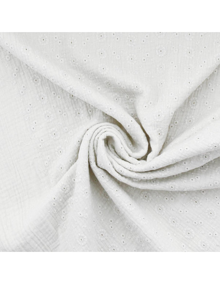 Tissu double gaze de coton brodée Suzy - Blanc