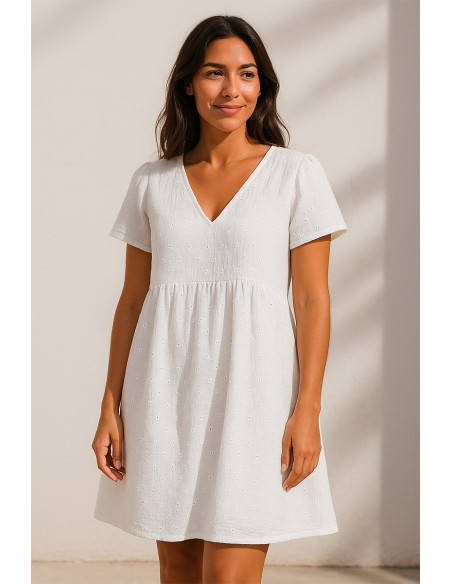 Tissu double gaze de coton brodée Suzy - Blanc