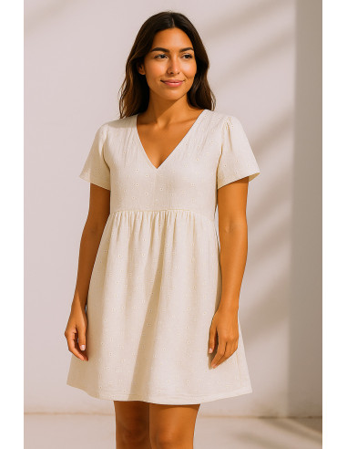 Tissu double gaze de coton brodée Suzy - Écru