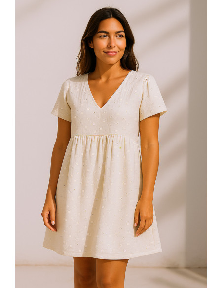 Tissu double gaze de coton brodée Suzy - Écru
