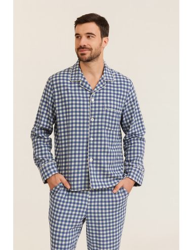 Tissu flanelle grands carreaux - Bleu et écru