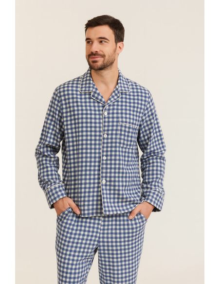 Tissu flanelle grands carreaux - Bleu et écru
