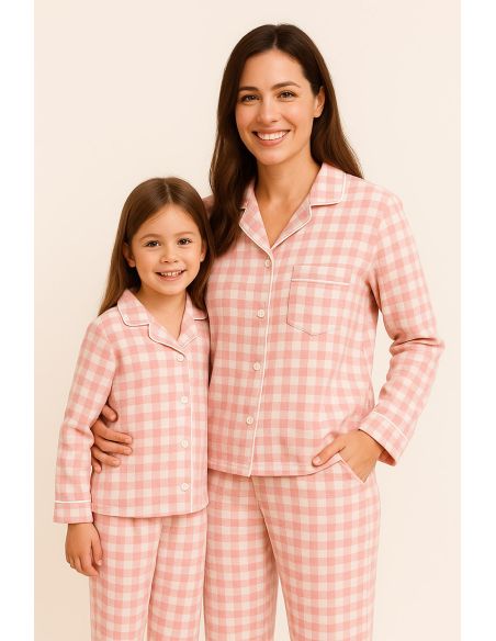 Tissu flanelle grands carreaux - Rose et écru
