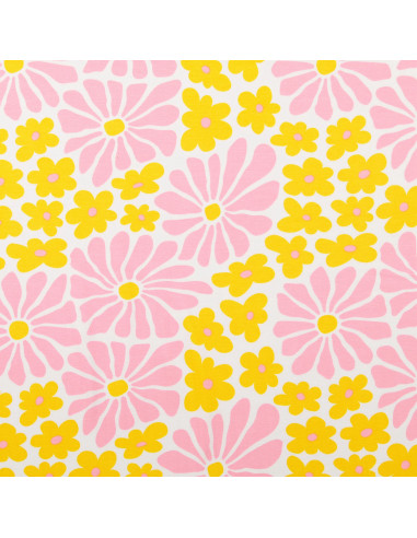 Tissu jersey fantaisie - Fleurs sixties jaunes et roses