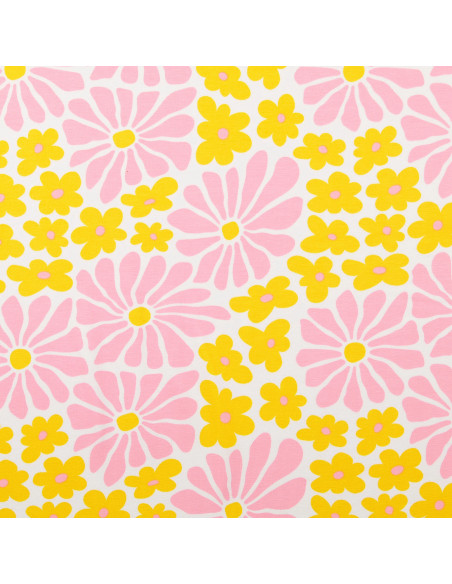 Tissu jersey fantaisie - Fleurs sixties jaunes et roses