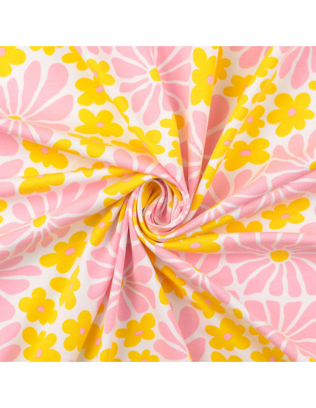 Tissu jersey fantaisie - Fleurs sixties jaunes et roses