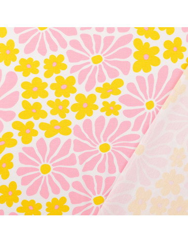 Tissu jersey fantaisie - Fleurs sixties jaunes et roses