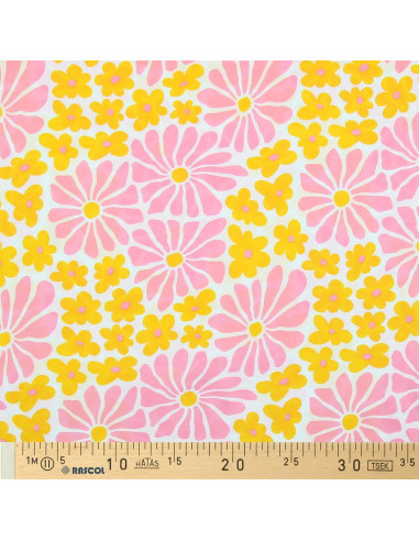 Tissu jersey fantaisie - Fleurs sixties jaunes et roses