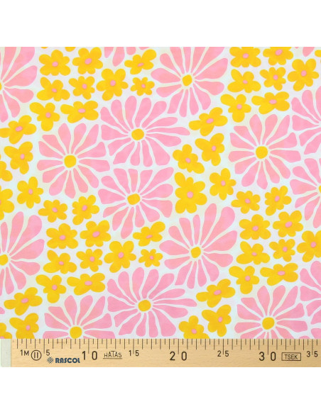 Tissu jersey fantaisie - Fleurs sixties jaunes et roses