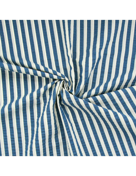 Tissu Seersucker à rayures larges - Bleu jeans et blanc cassé