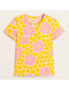 Tissu jersey fantaisie - Fleurs sixties jaunes et roses 2