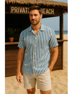 Tissu Seersucker à rayures larges - Bleu jeans et blanc cassé 2
