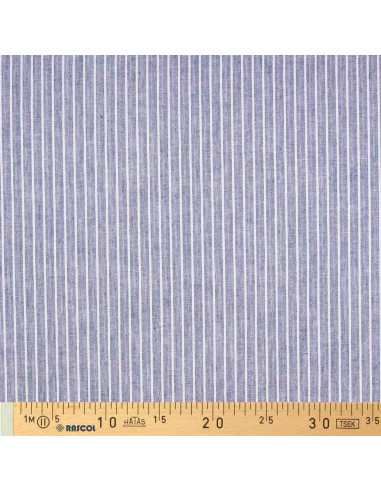 Tissu lin coton - Rayures fines - Bleu jeans
