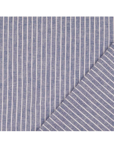 Tissu lin coton - Rayures fines - Bleu jeans