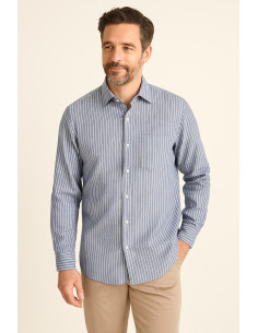 Tissu lin coton - Rayures fines - Bleu jeans 2