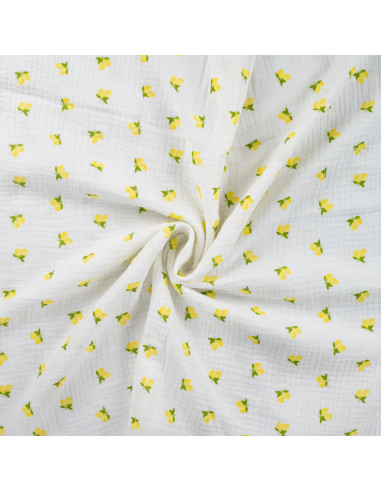Tissu double gaze de coton - Citrons fond blanc