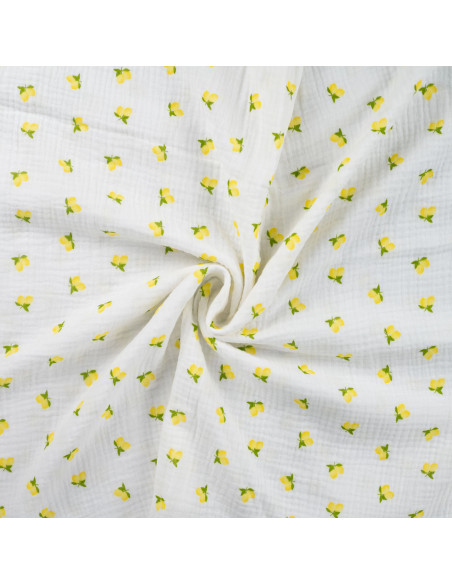 Tissu double gaze de coton - Citrons fond blanc