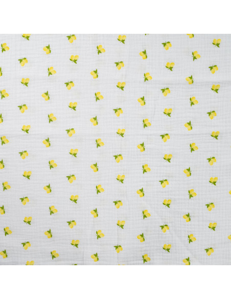 Tissu double gaze de coton - Citrons fond blanc cassé