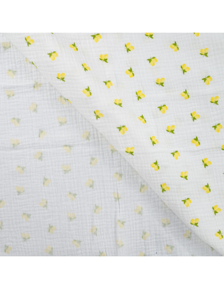Tissu double gaze de coton - Citrons fond blanc cassé