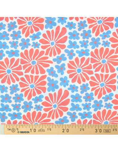 Tissu jersey fantaisie - Fleurs sixties rouges et bleues