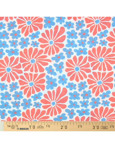 Tissu jersey fantaisie - Fleurs sixties rouges et bleues