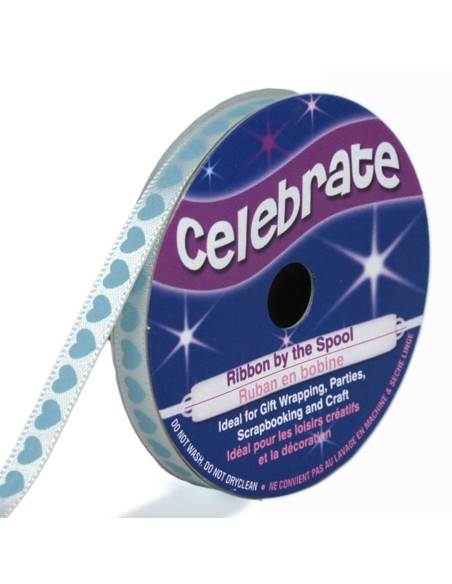 Ruban satin Celebrate blanc imprimé coeurs bleu ciel - 6 mm x 4 mètres
