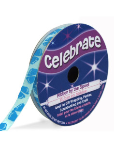 Ruban satin Celebrate bleu ciel imprimé pieds bleu - 6 mm x 4 mètres