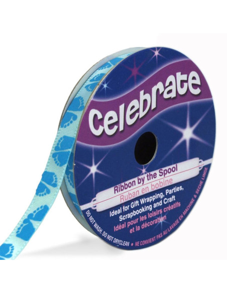 Ruban satin Celebrate bleu ciel imprimé pieds bleu - 6 mm x 4 mètres