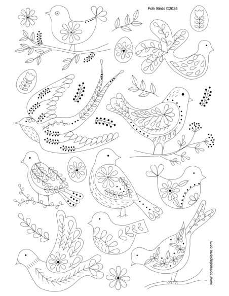 Feuilles de transfert broderie hydrosolubles - Oiseaux folkloriques
