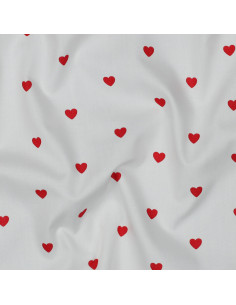 Tissu popeline de coton fantaisie - Coeur rouge sur fond blanc