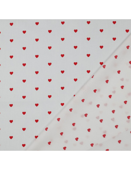 Tissu popeline de coton fantaisie - Cœurs rouge sur fond blanc