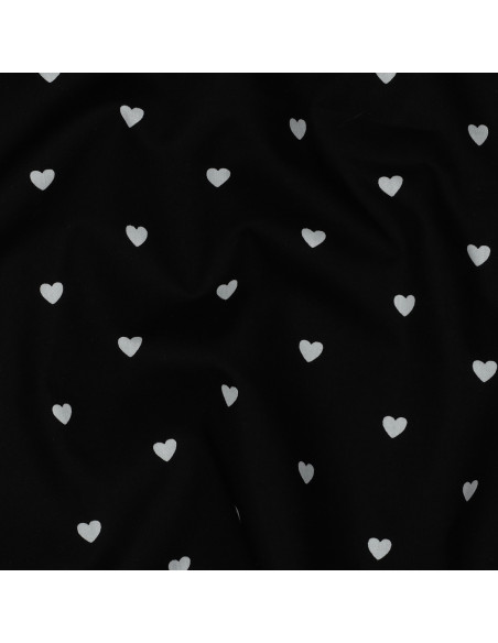 Tissu popeline de coton fantaisie - Coeur blanc sur fond noir