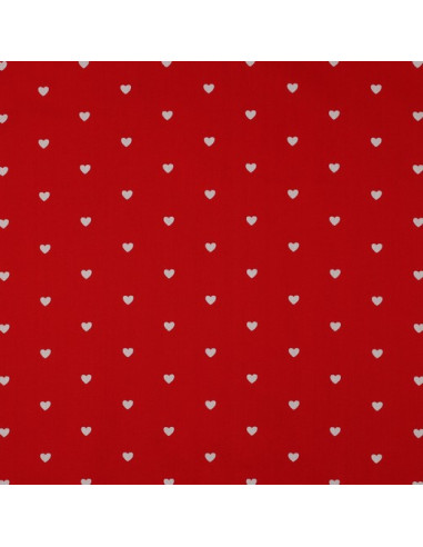 Tissu popeline de coton fantaisie - Cœurs blanc sur fond rouge